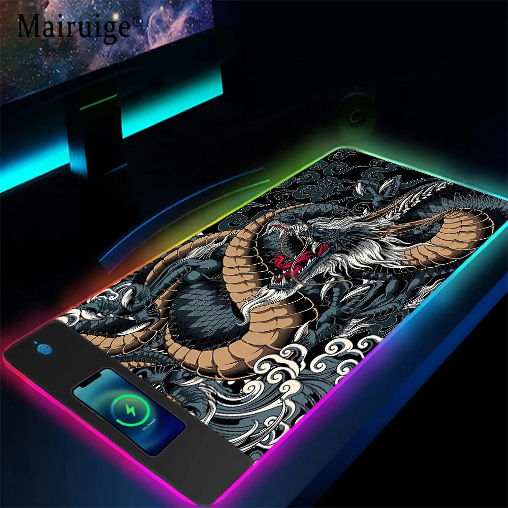Dragon RGB Gaming Mouse Pad with Wrist Rest & Wireless Charging