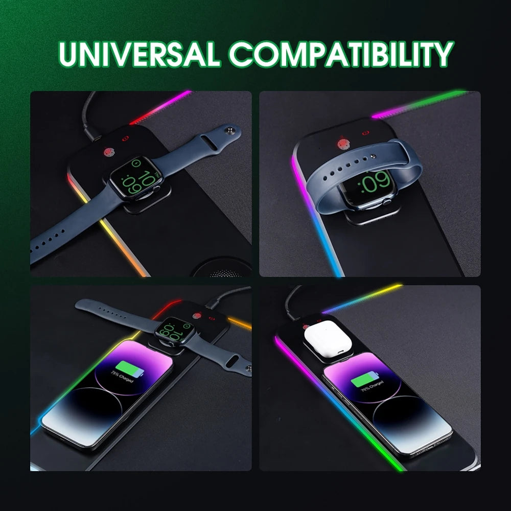 3-in-1 RGB Gaming Mouse Pad with Magnetic Wireless Charging (Phone, Watch & Earbuds) – XXL Desk Mat 80x30cm