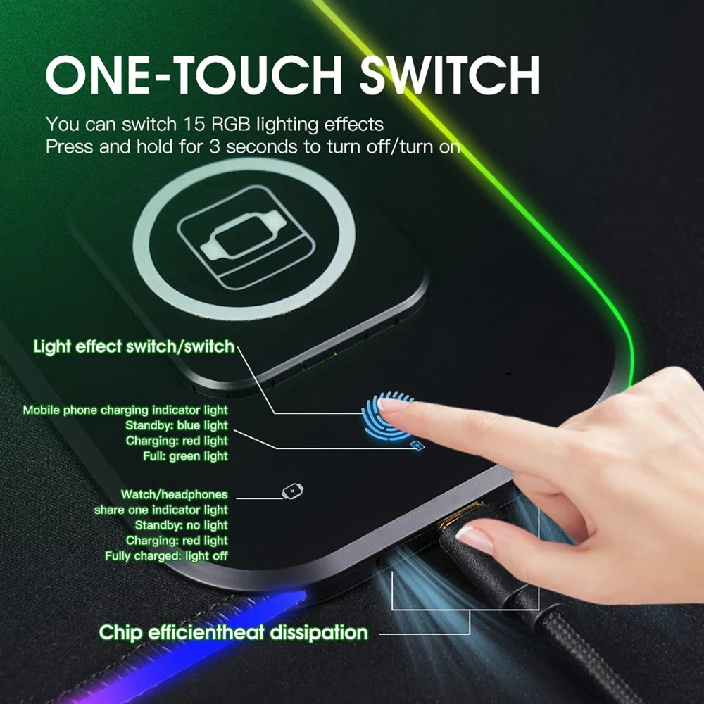 3-in-1 RGB Gaming Mouse Pad with Magnetic Wireless Charging (Phone, Watch & Earbuds) – XXL Desk Mat 80x30cm