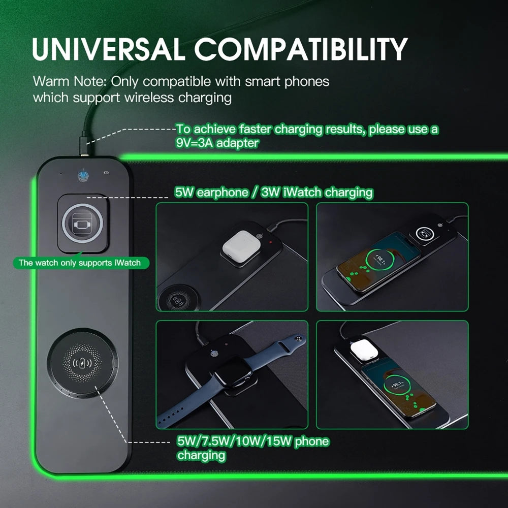 3-in-1 RGB Gaming Mouse Pad with Magnetic Wireless Charging (Phone, Watch & Earbuds) – XXL Desk Mat 80x30cm