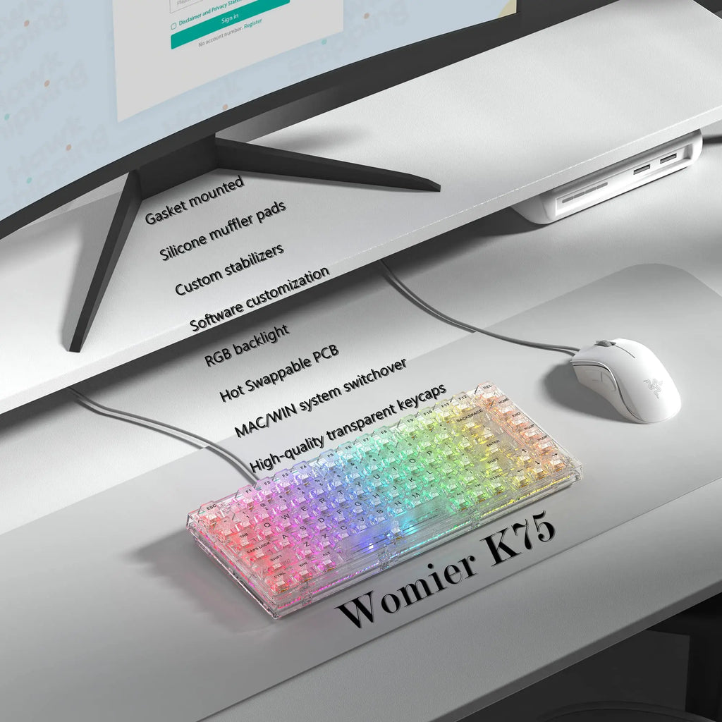Womier K75 White 75% Percent Mechanical Gaming Keyboard 82 Keys Gasket Wired Custom Keyboard RGB Clear Hot Swap for Mac/Win