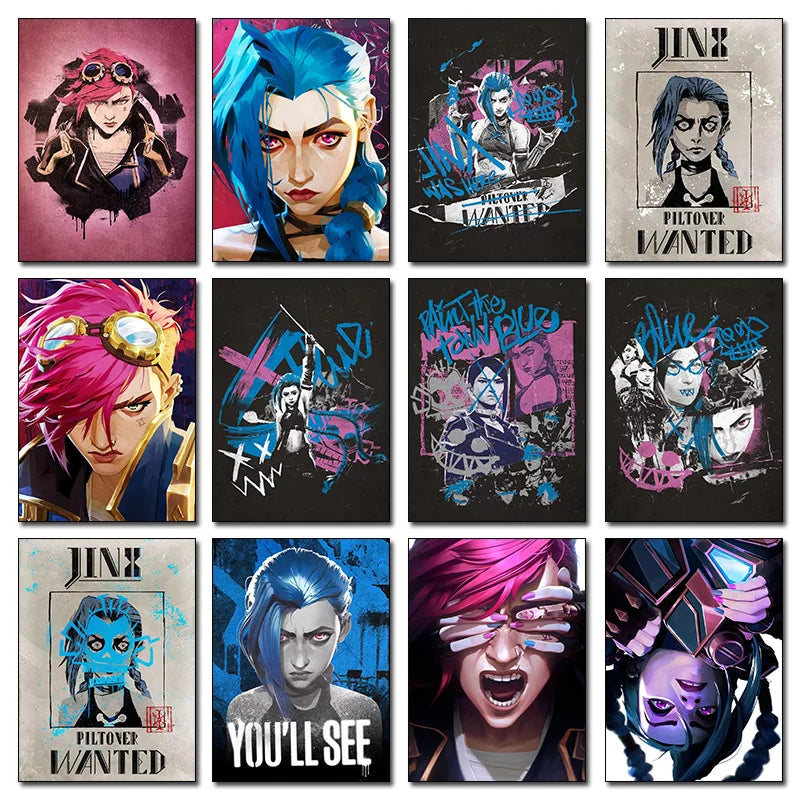 Arcane Season 2 Jinx VI Graffiti Poster Caitlyn Jayce Viktor Character Poster Arcane TV Series Wall Decor Canvas Aesthetic Print