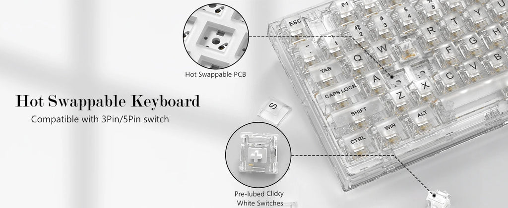 Womier K75 White 75% Percent Mechanical Gaming Keyboard 82 Keys Gasket Wired Custom Keyboard RGB Clear Hot Swap for Mac/Win