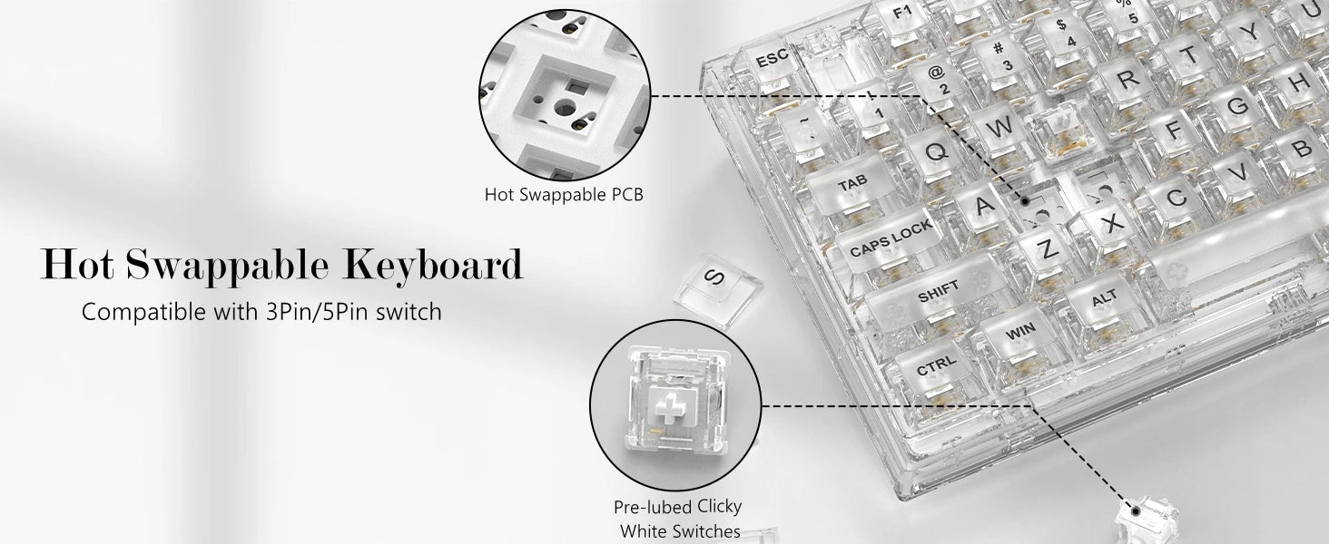 Womier K75 White 75% Percent Mechanical Gaming Keyboard 82 Keys Gasket Wired Custom Keyboard RGB Clear Hot Swap for Mac/Win