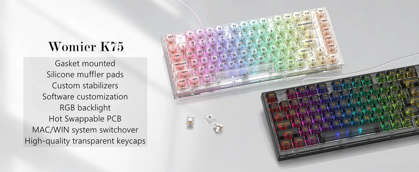 Womier K75 White 75% Percent Mechanical Gaming Keyboard 82 Keys Gasket Wired Custom Keyboard RGB Clear Hot Swap for Mac/Win