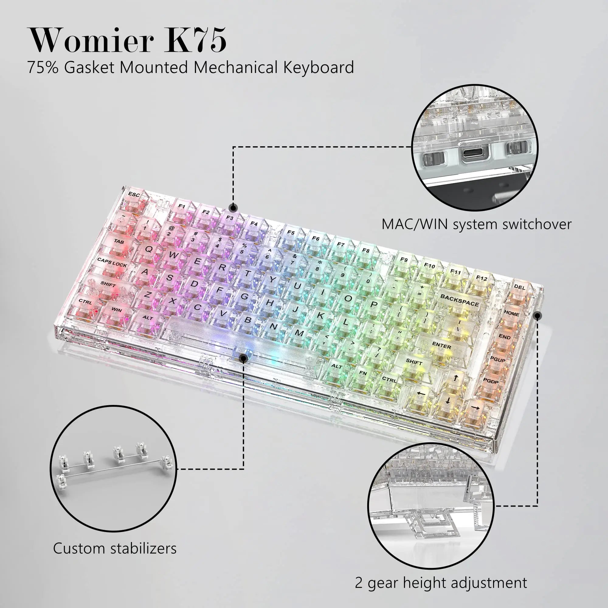 Womier K75 White 75% Percent Mechanical Gaming Keyboard 82 Keys Gasket Wired Custom Keyboard RGB Clear Hot Swap for Mac/Win